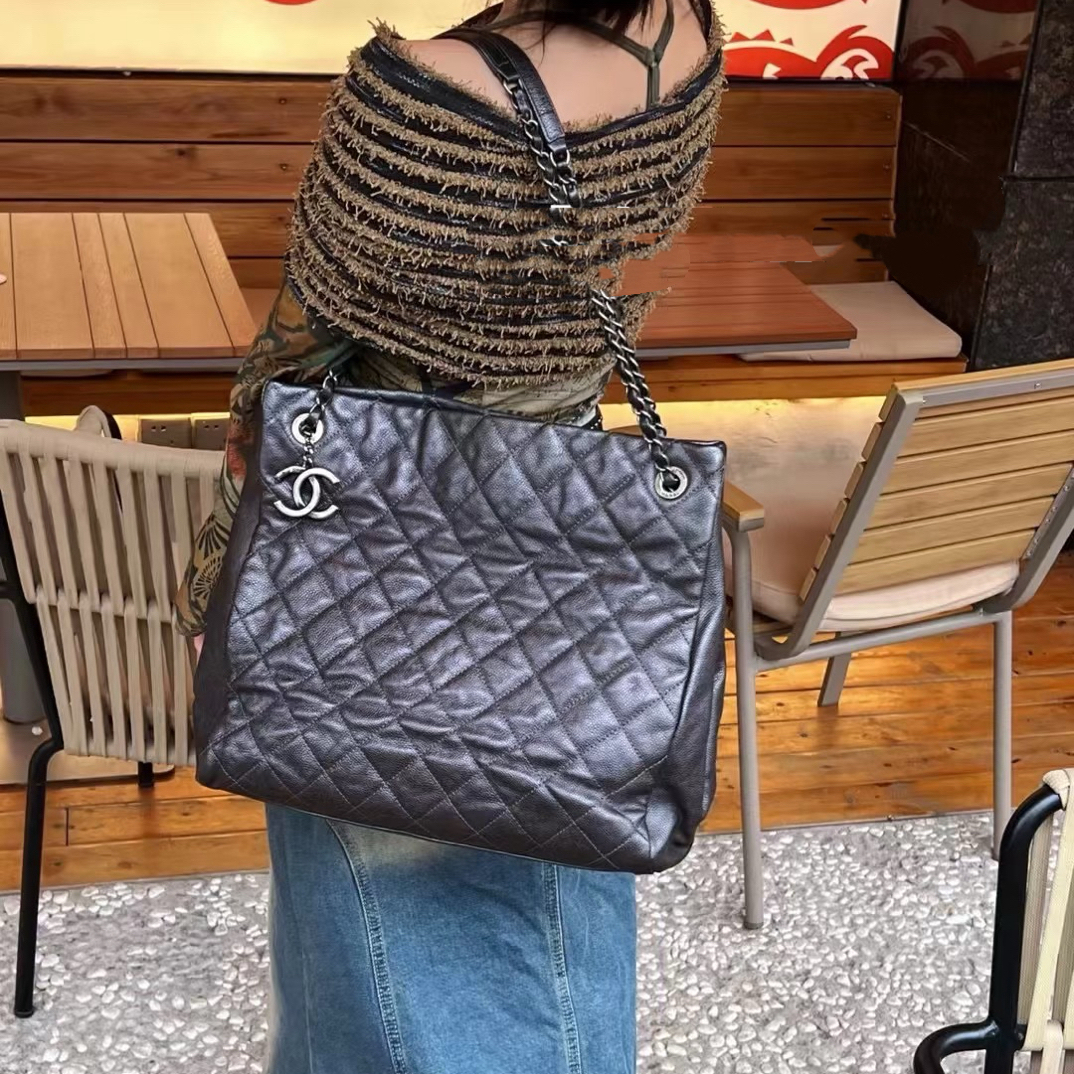 95新 Chanel/香奈儿 多宝二奢/24478/灰银托特 17开 有标无卡