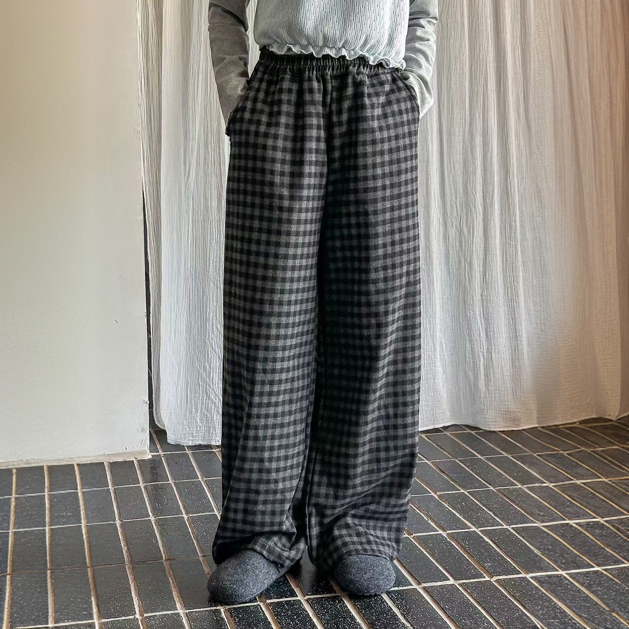 秋季女大童韩系休闲格子裤百搭时尚直筒裤初中生亲子-SA035