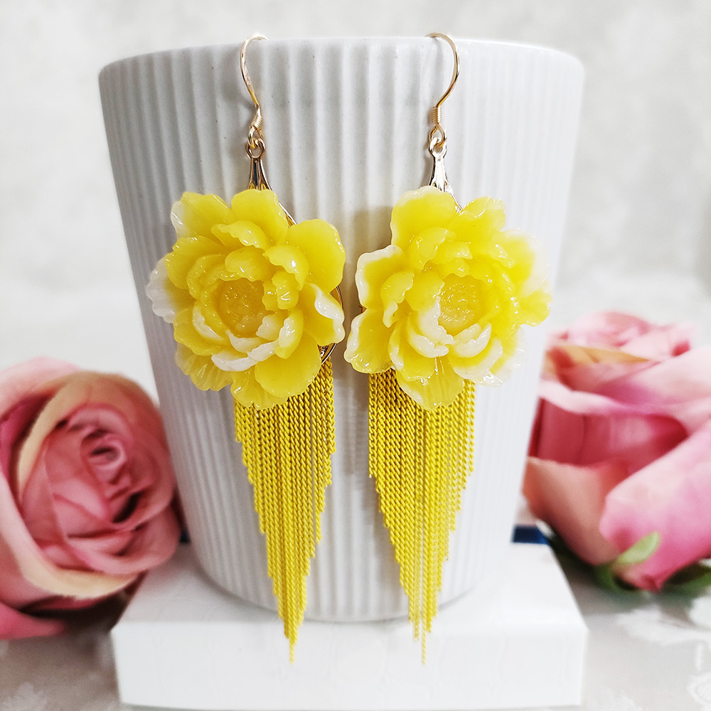 铜合金耳饰 民族风黄色气质花卉流苏耳环2685