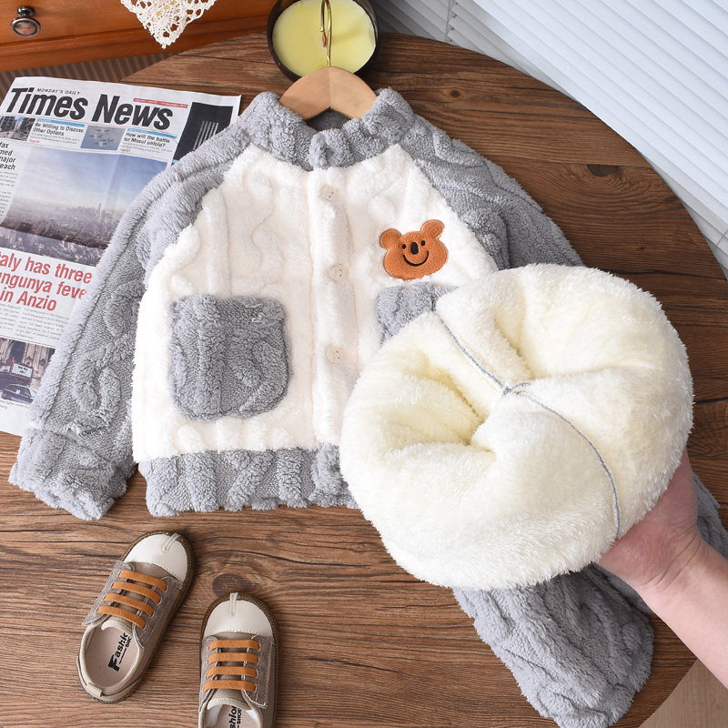 三层复合一体绒儿童睡衣法兰绒宝宝加厚女孩男孩保暖套装家居服