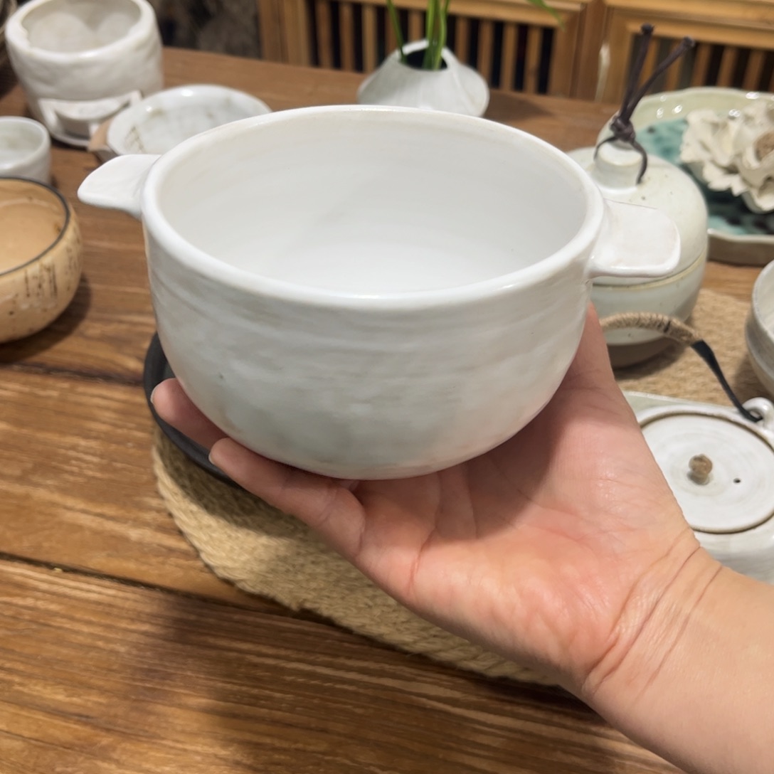 陶双耳汤碗，可放温茶炉