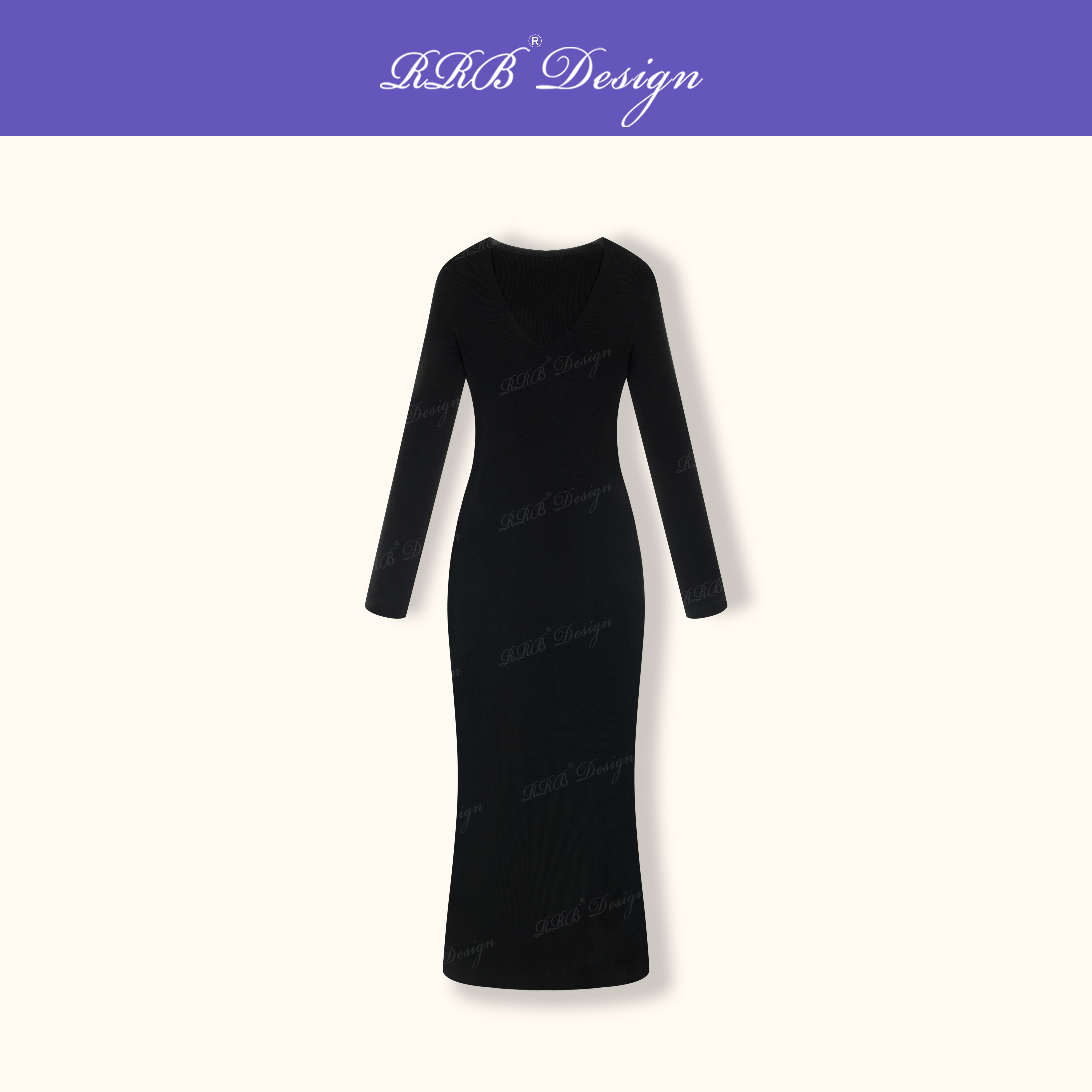 RRB Design「时髦公式」100%精纺羊毛修身V领长袖连衣裙气质长裙