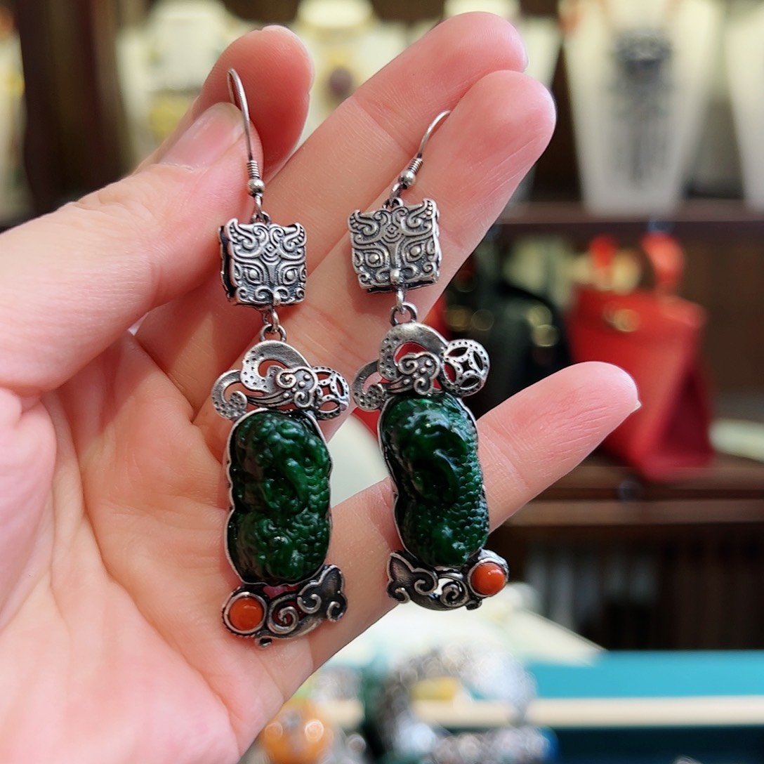 翡翠耳饰银S925镶嵌耳环