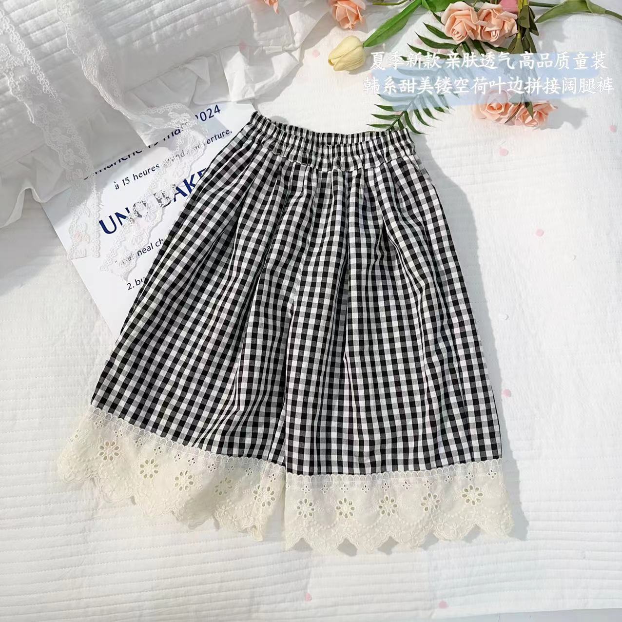 汤圆家童装2025夏季新款韩系甜美镂空花边拼接阔腿裤 YA-2055