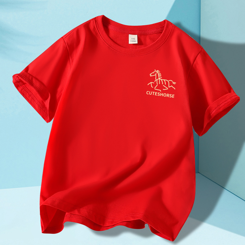 马年童装男童女童红色过年拜年t恤短袖夏季儿童纯棉上衣男孩夏装