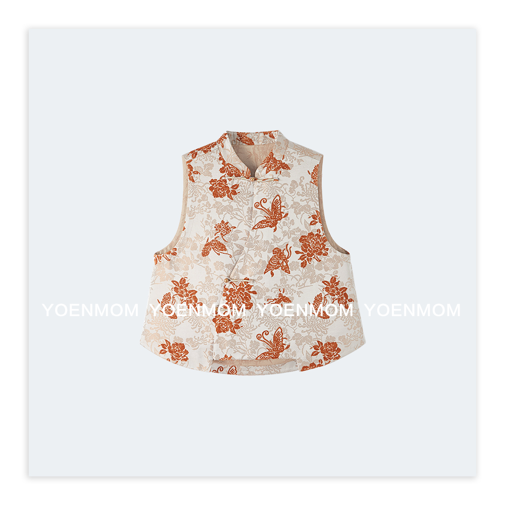 YOENMOM·秋叶蝶·桑蚕丝立体织金提花绒大漆扣国风斜襟小立领马甲