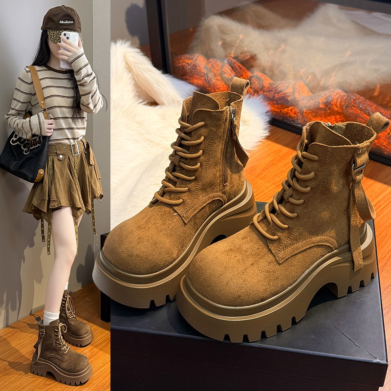 春秋胶粘系带机车靴单靴秋季冬季女英伦风厚底马丁靴