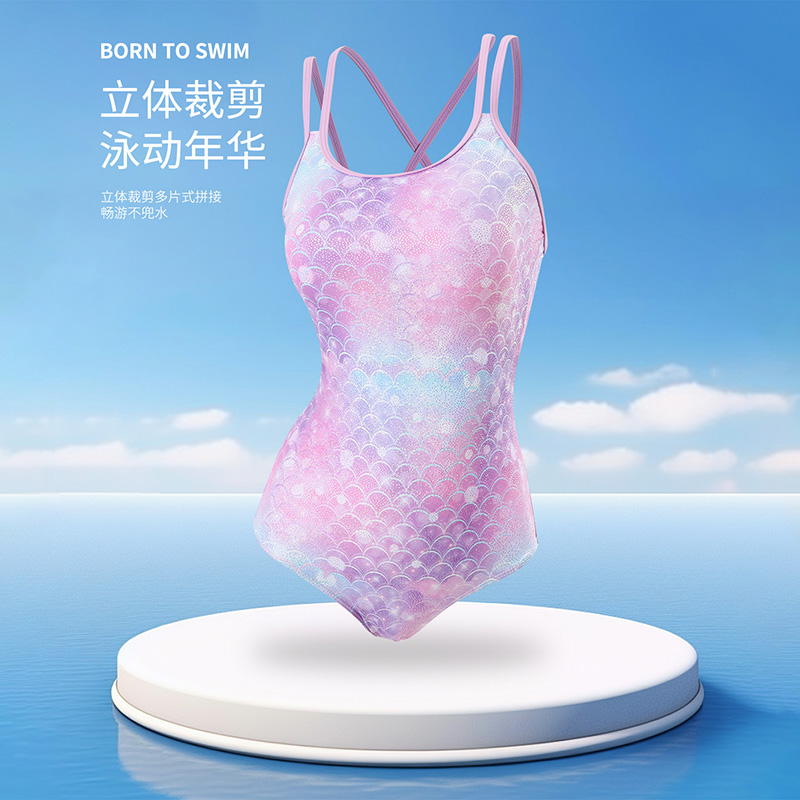 新款女士竞技款彩色鱼鳞纹简约三角连体纯色潜水服