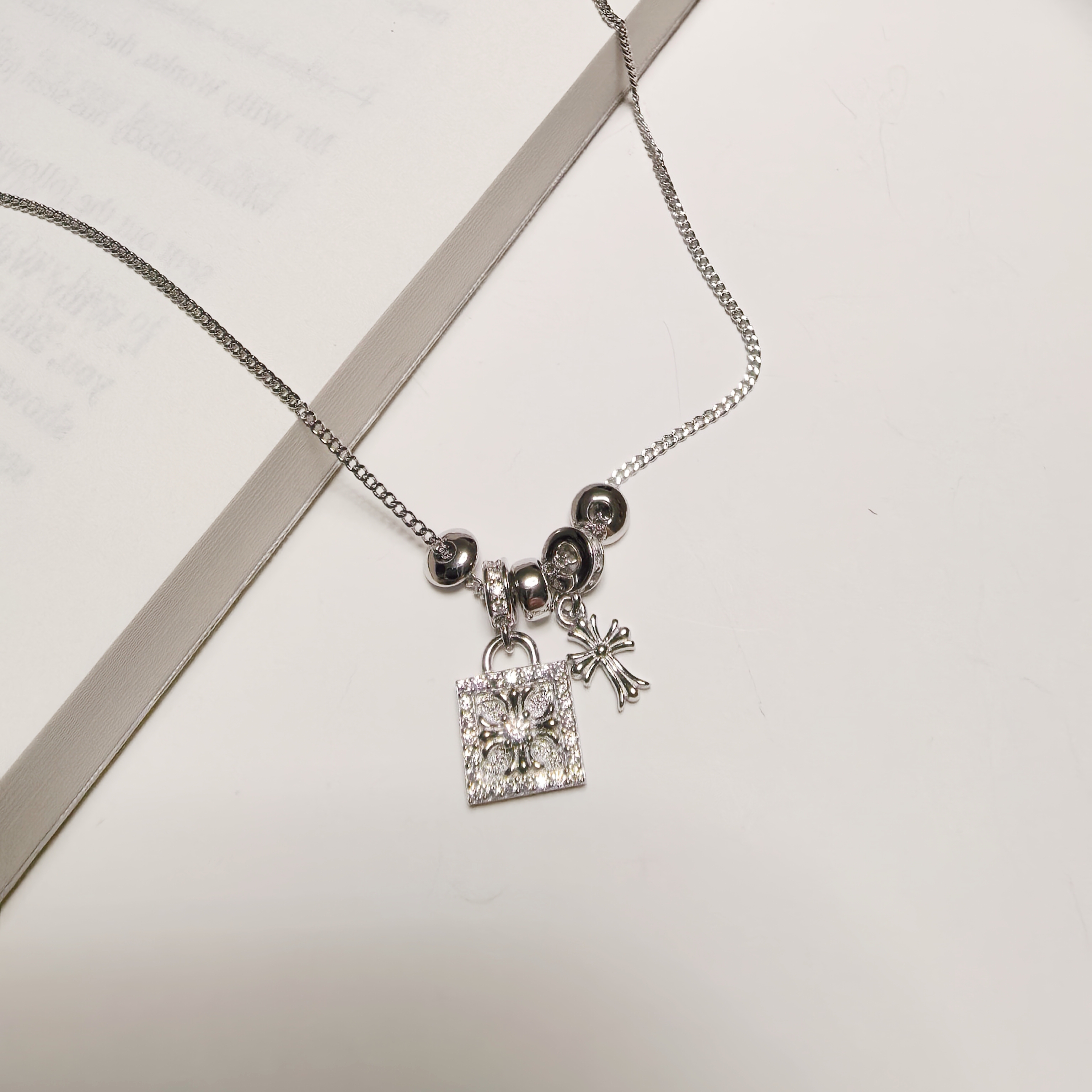 坠链均925银合成锆石 精工时尚百搭电白高级感方形十字架银项链