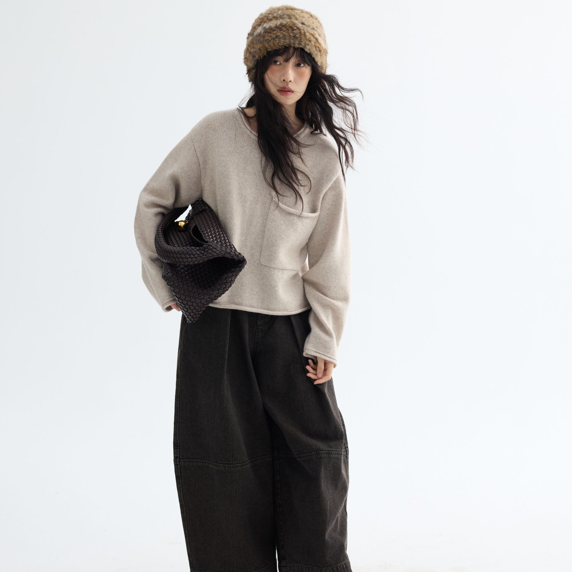 「白描工作间」"燕麦Bagel"甄选羊绒超亲肤宽松百搭圆领卷边毛衣