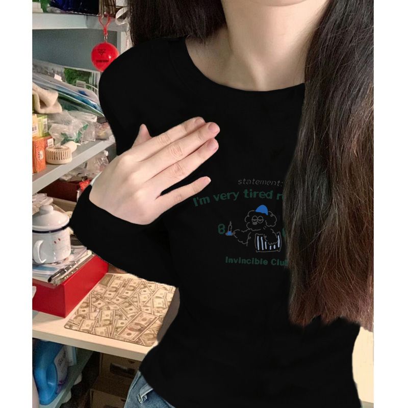 韩版百搭德绒秋季新款修身长袖T恤显瘦韩版ins印花正肩收腰上衣女