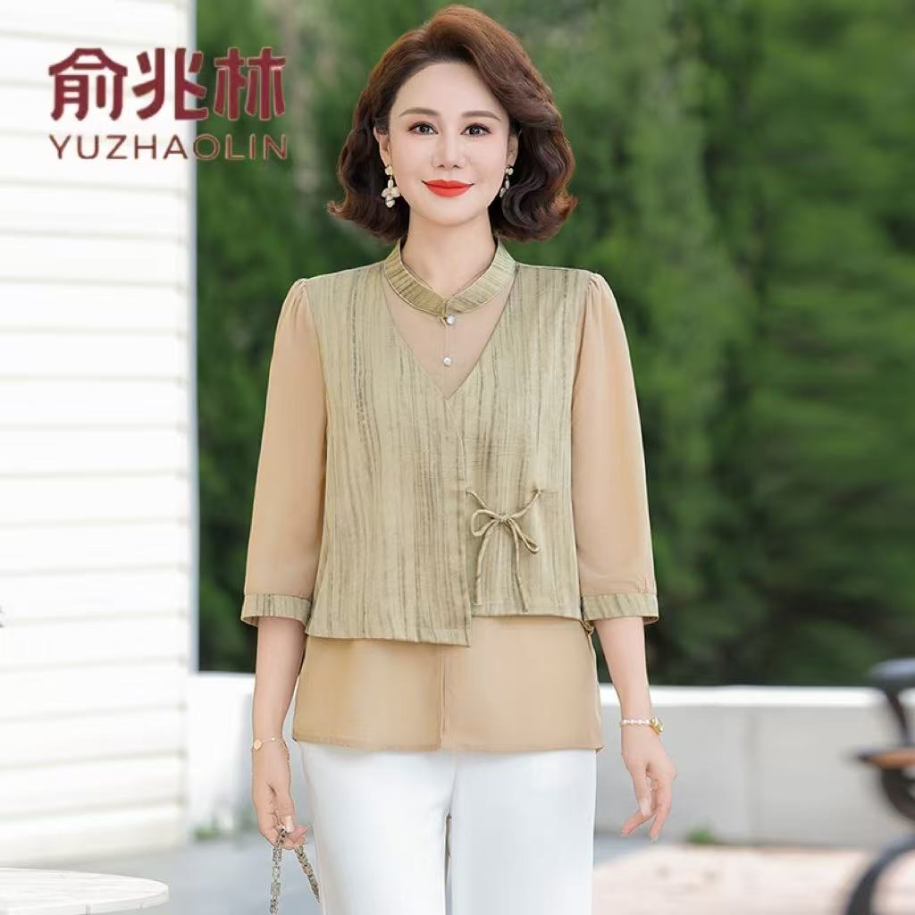 俞兆林妈妈套装夏季中式国风小衫2025新款上衣中老年女装显瘦短款