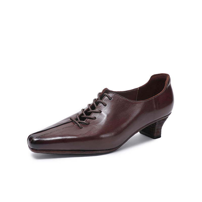 中高跟鞋女极简风方头浅口单鞋舒适复古软面软皮鞋系带款