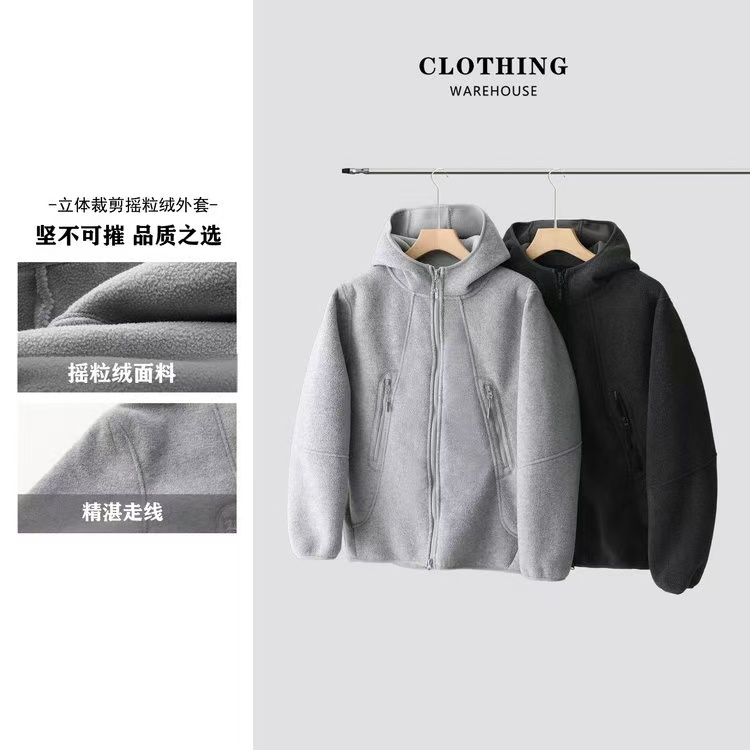 户外双重保暖常规款散口袖连帽夹克绒面摇粒绒外套情侣