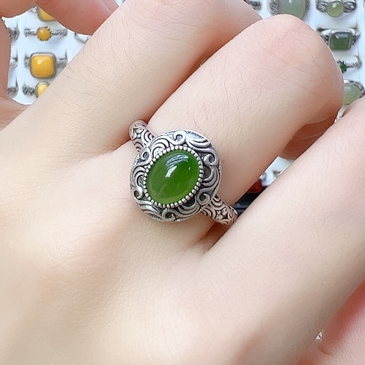 和田玉（碧玉）戒指银S925镶嵌