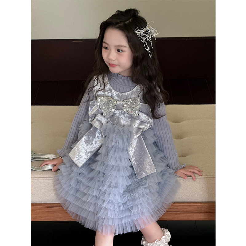 【本妈】冬“梦境蓝岛”女童针织毛衣+加绒无袖蝴蝶结连衣裙24D020