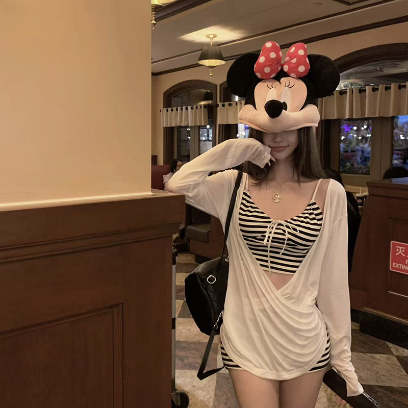 纯欲风性感修身显瘦黑白条纹分体比基尼女温泉度假罩衫