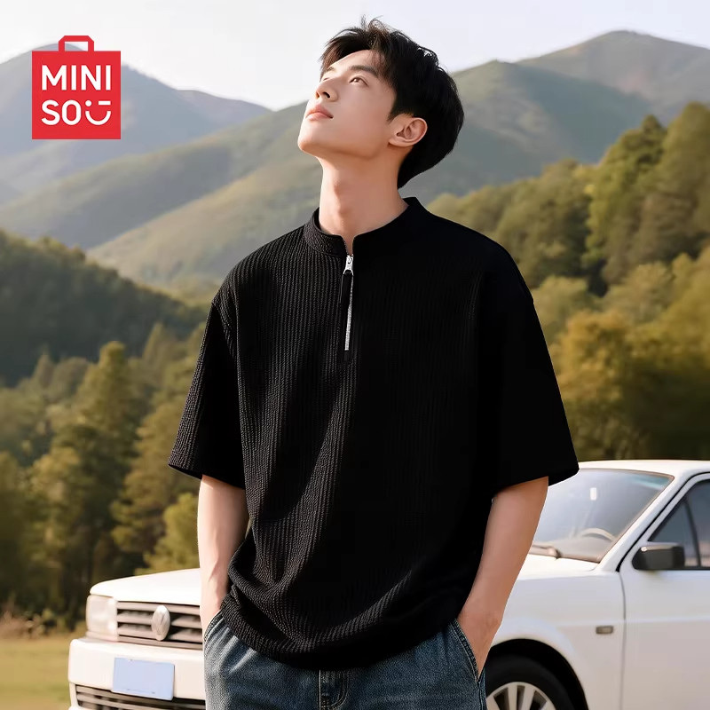 MINISO名创优品半袖t恤短袖时尚潮流半拉链男青年弹力透气T恤运动