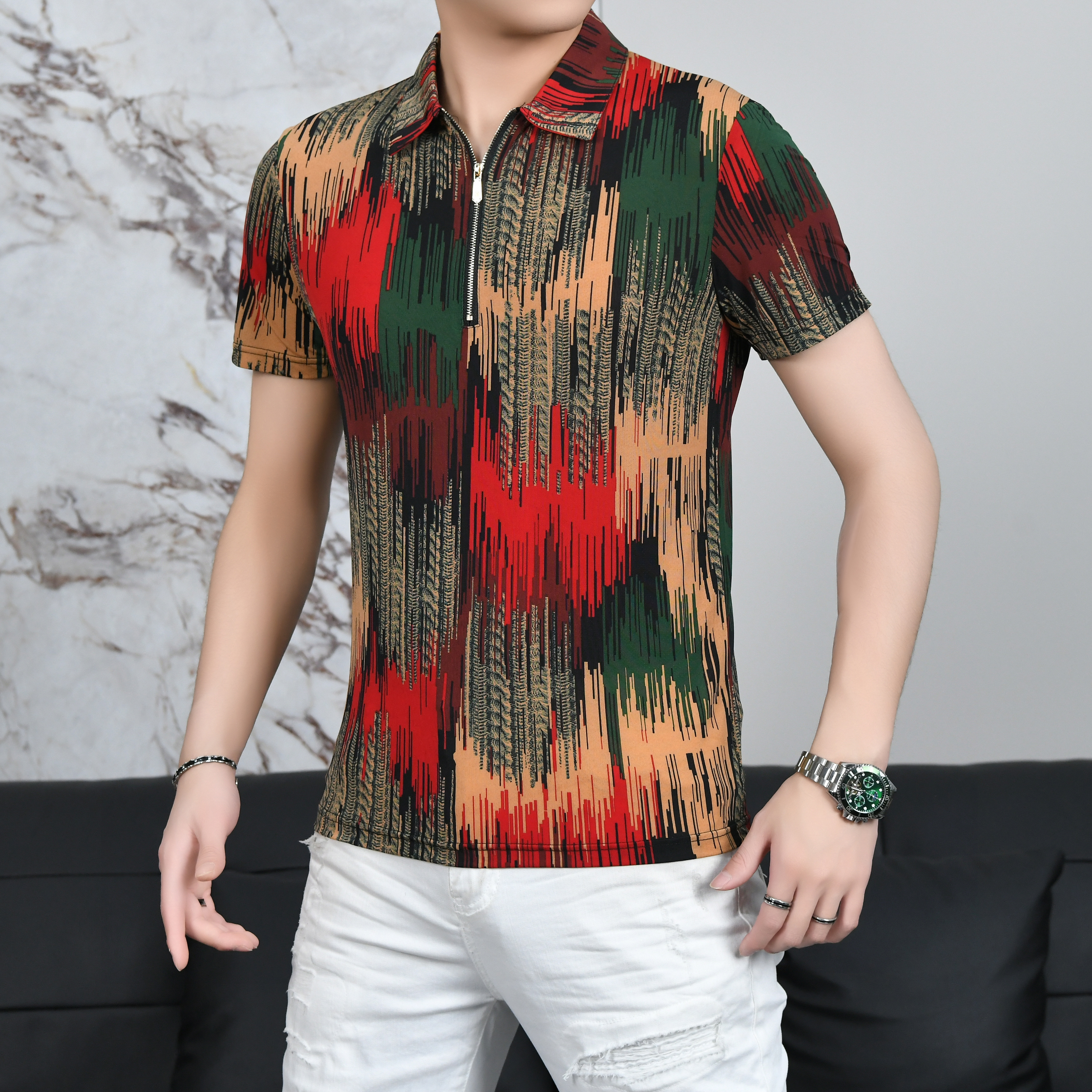 浩哥欧货轻奢翻领山水百搭日常男士时尚休闲短袖薄款个性男款修身