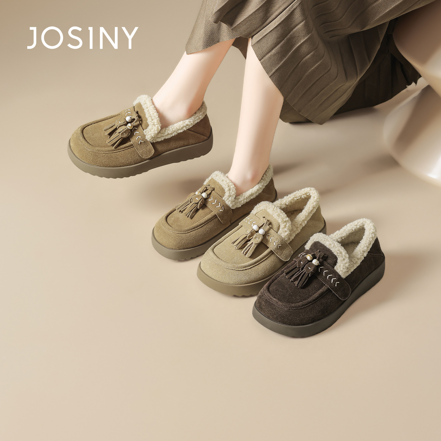 卓诗尼2025冬季新款袋鼠鞋流苏加绒单鞋牛皮女鞋保暖百搭毛毛鞋