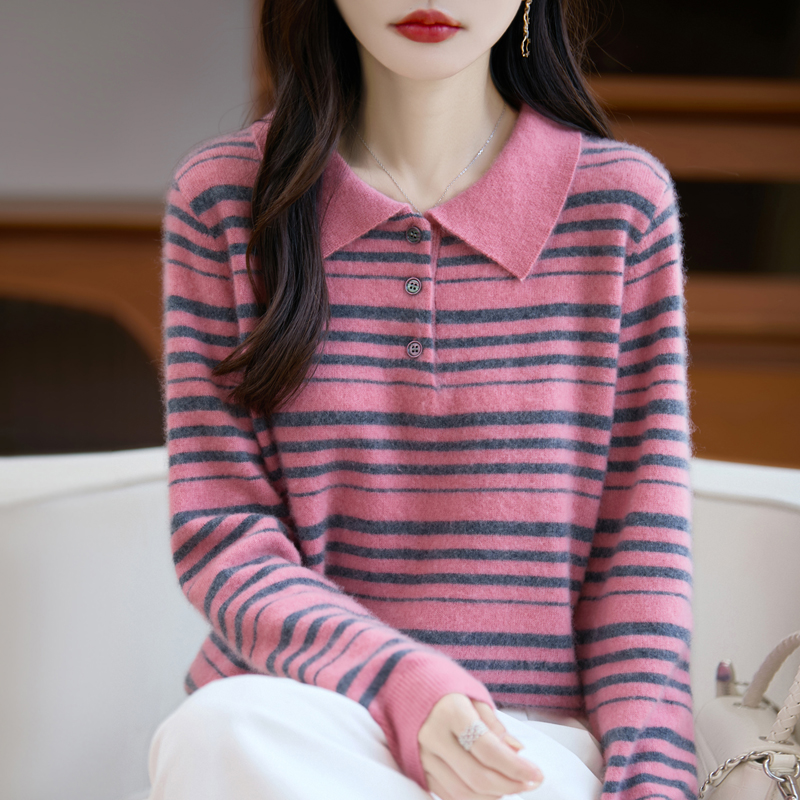 高效实穿~新款翻领长袖半开襟扣条纹羊毛衫女毛衣百搭气质