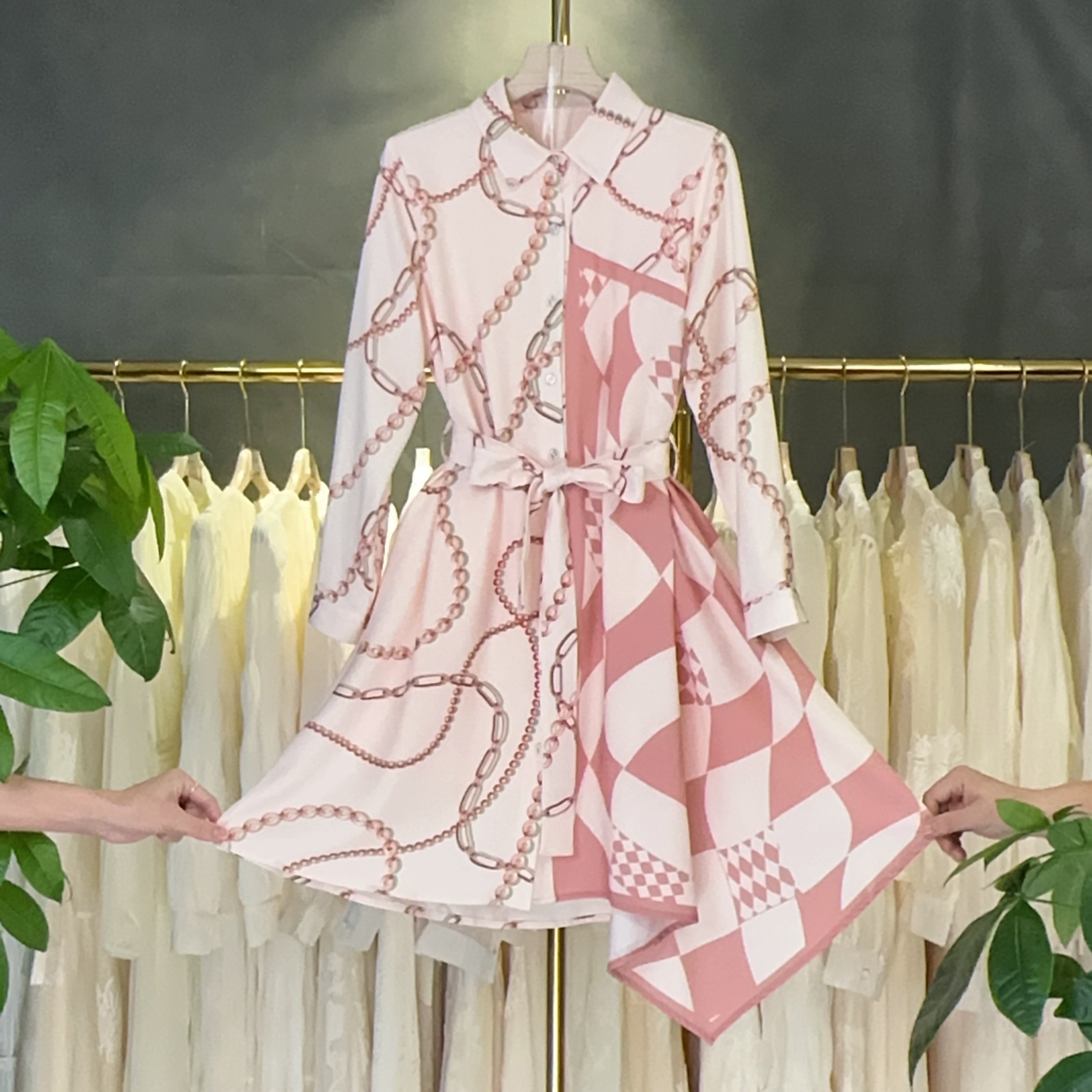 【RG5381】2025新款设计感不规则长袖印花春夏中长款新款连衣裙女