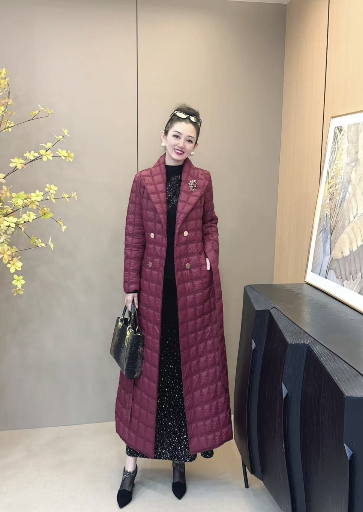 《丹尚爱》保暖翻领中长款显瘦棉衣棉服格纹外套大衣百搭外衣