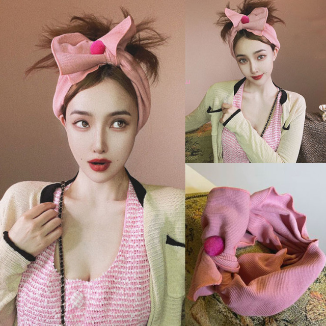 桃粉撞色时髦多巴胺少女发带包头巾大蝴蝶结弹力发箍法式复古头饰