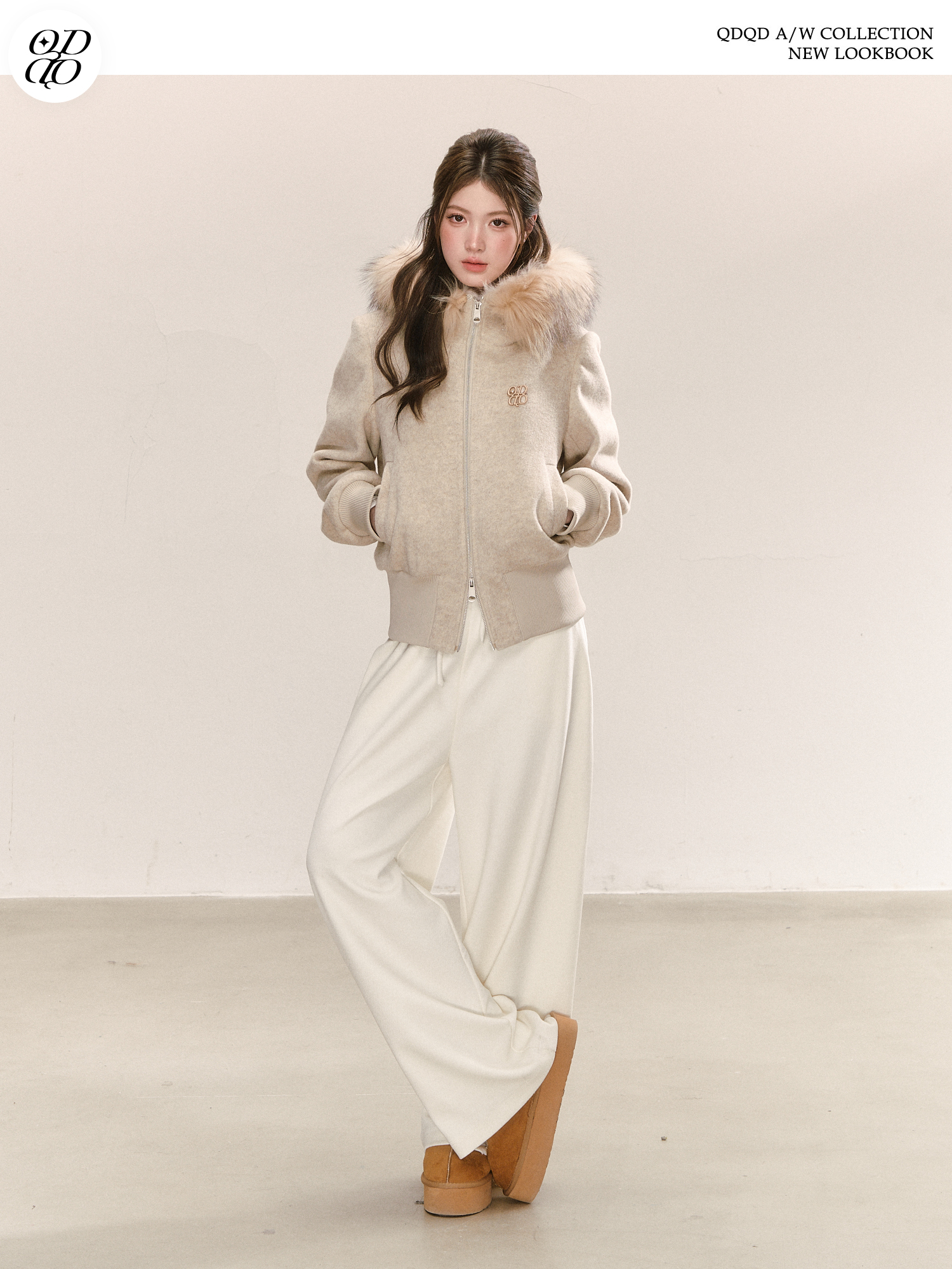 QDQD 气质慵懒感米白色针织阔腿裤秋冬百搭垂感加厚保暖休闲长裤