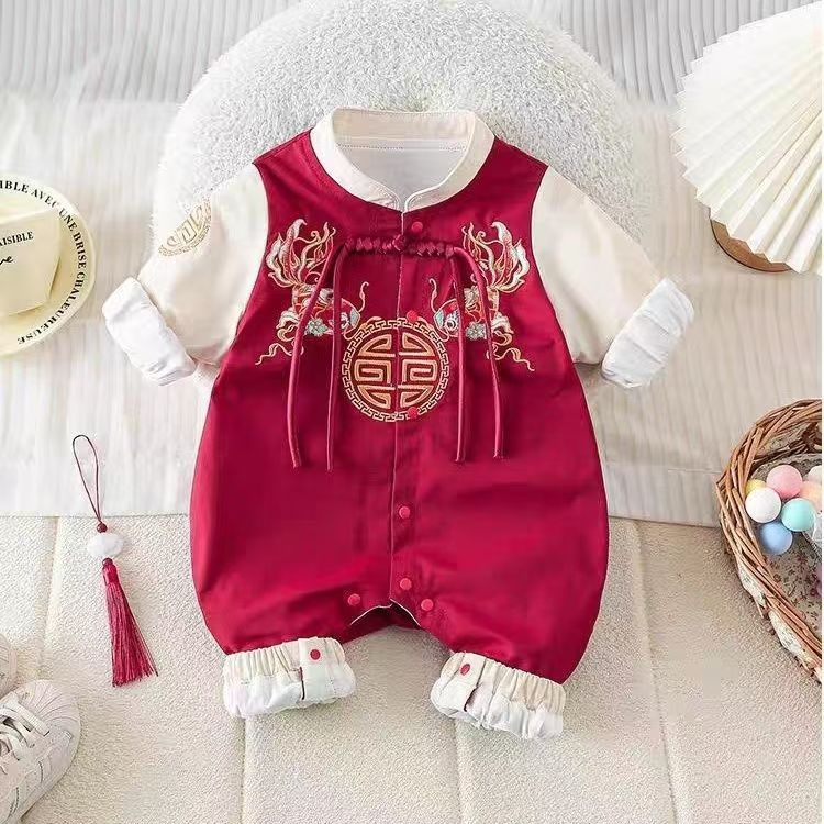 冬款新款宝宝国风双福鲤薄棉哈衣