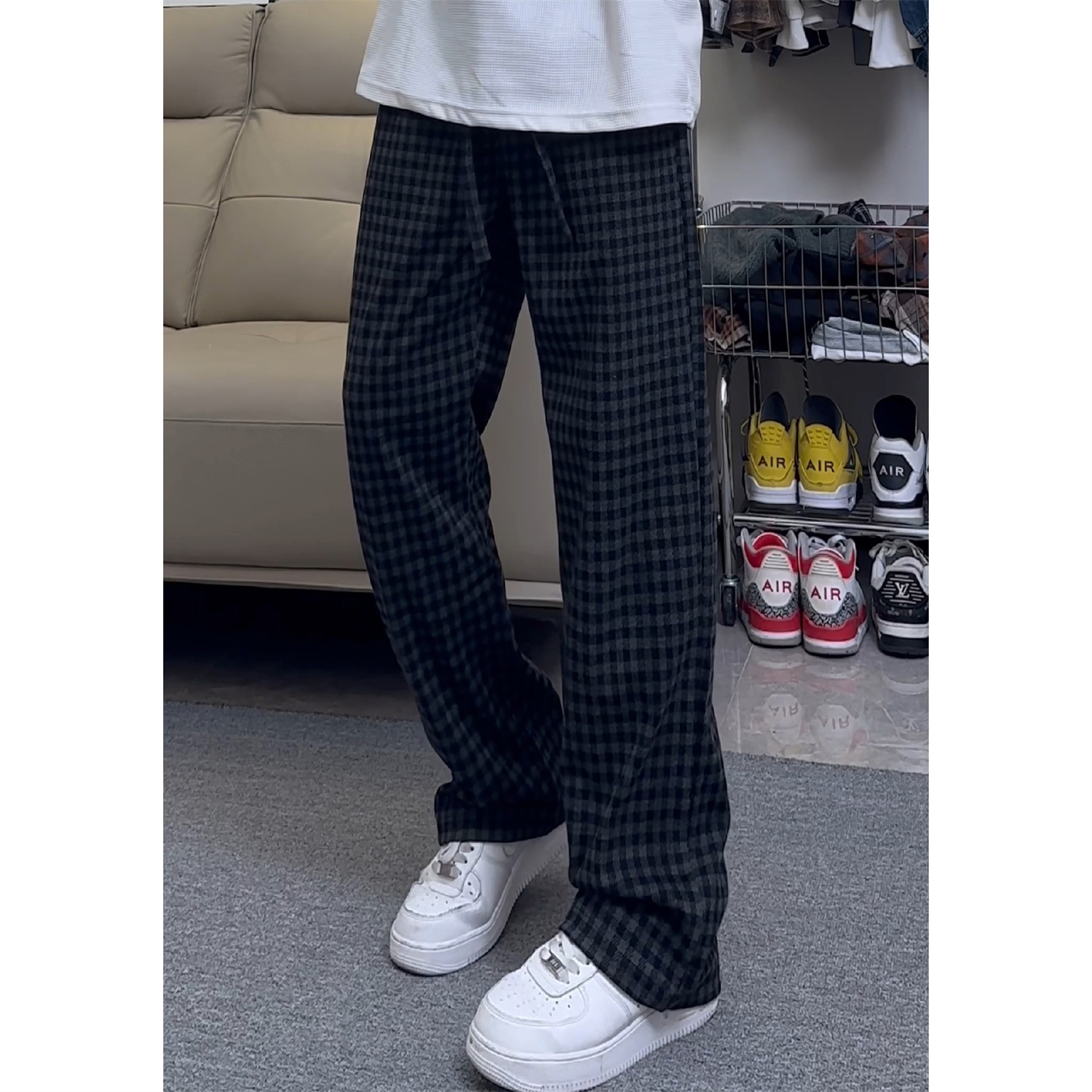 cleanfit黑色毛呢格子阔腿裤男款宽松慵懒风直筒裤子运动休闲长裤