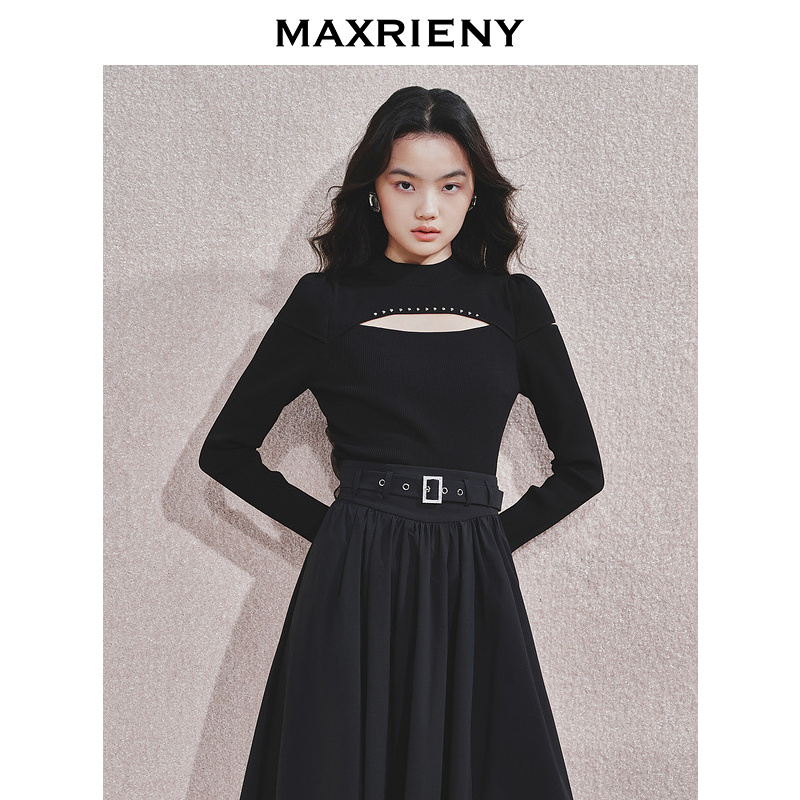 MAXRIENY2024秋冬秋黑色长袖显瘦针织衫镂空时尚气质设计师修身