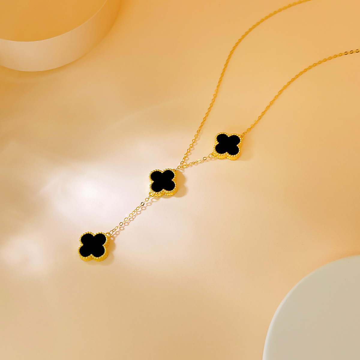 DEMONE/黛慕妮18K金黑玛瑙四叶草流苏三花项链彩金锁骨链女情人节