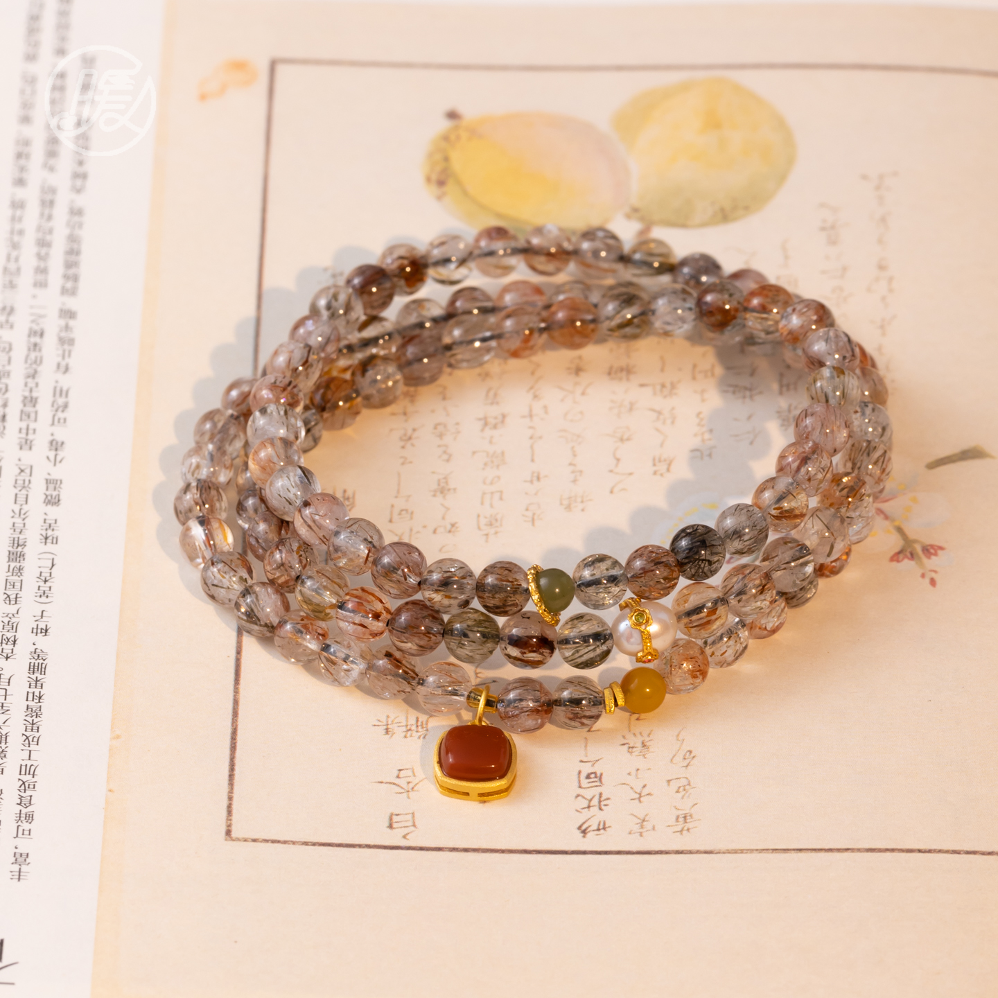 三圈黑金超水晶手串5mm搭配方形玛瑙吊坠F6091多样性发一