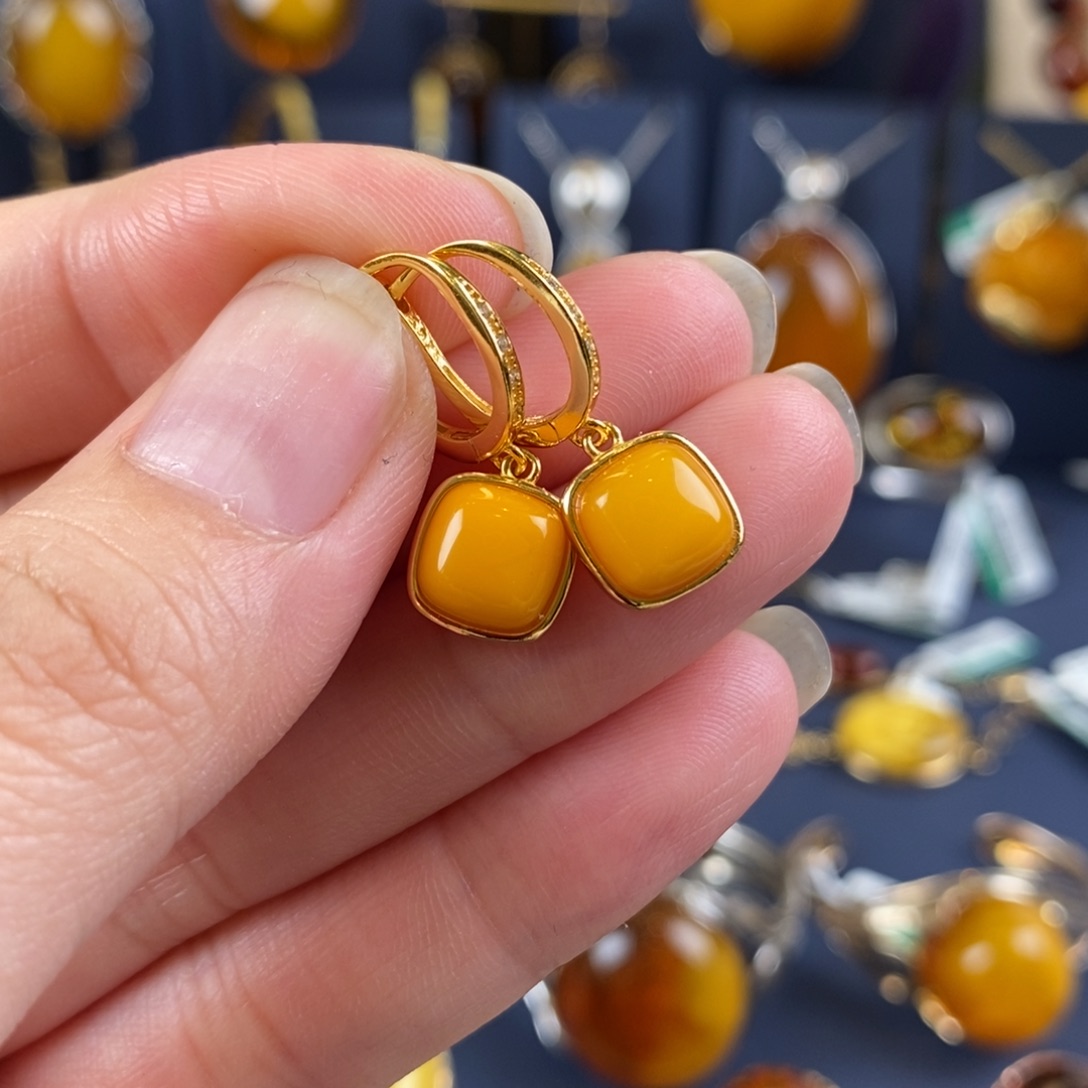 琥珀耳饰银S925镀金镶嵌