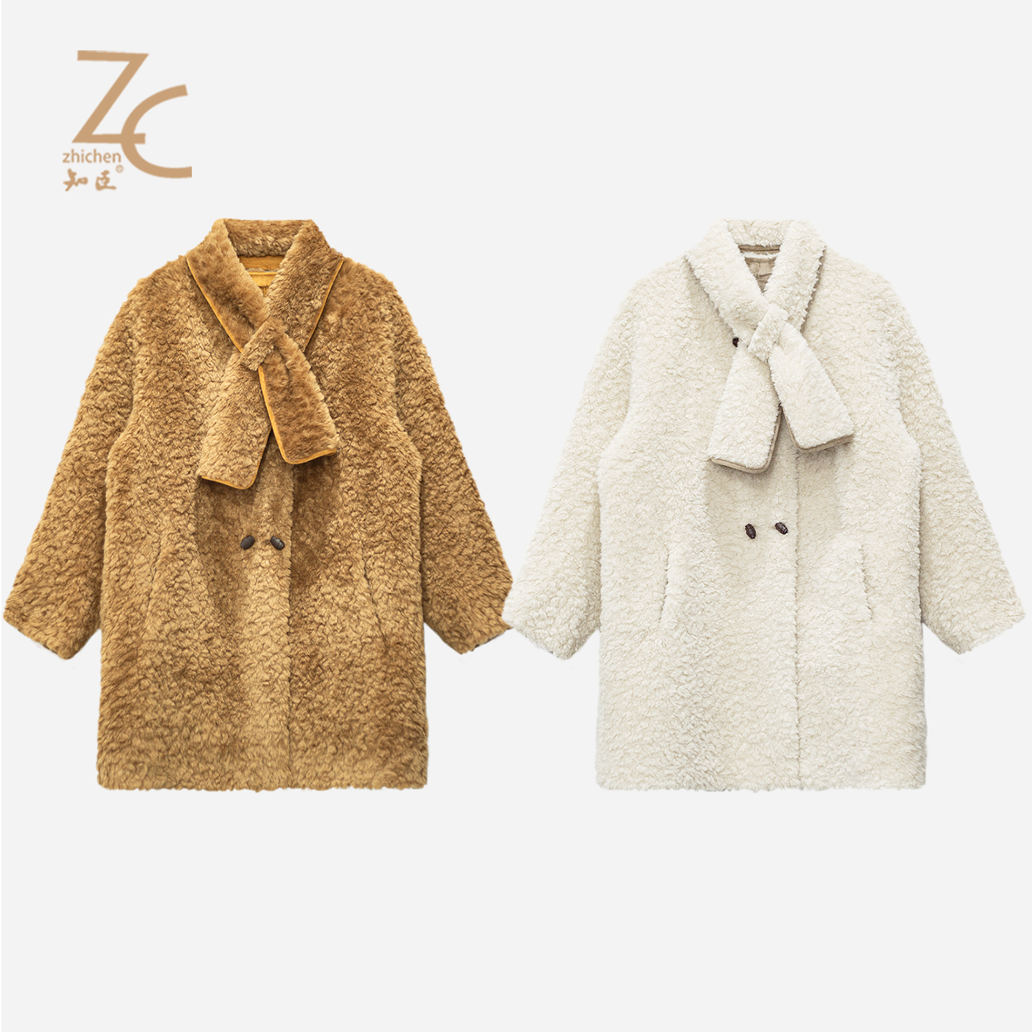 知臣冬季新品 大气可拆卸围脖中长款保暖毛毛外套女 T25814094