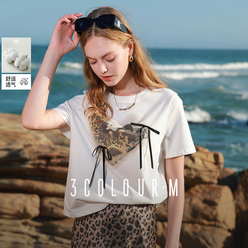 0652三彩2025夏季新款蝴蝶结T恤晕染豹纹短袖圆领套头衫休闲dbq