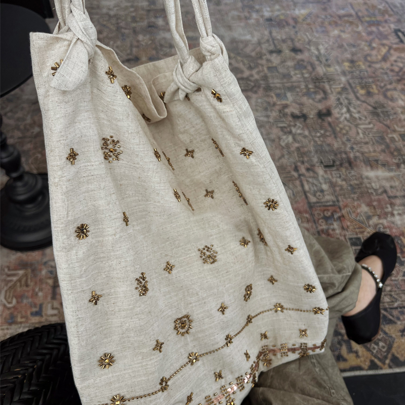 亚麻刺绣单肩包女设计感新中式包包日常百搭通勤包