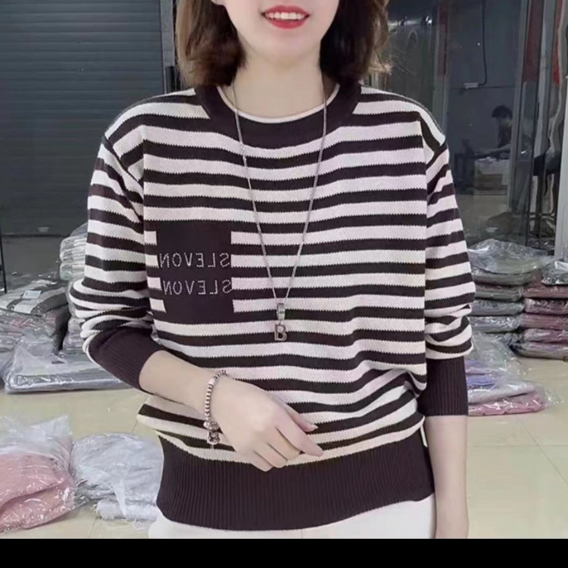 秋季条纹休闲长袖女女装针织显瘦圆领针织衫衫百搭套头