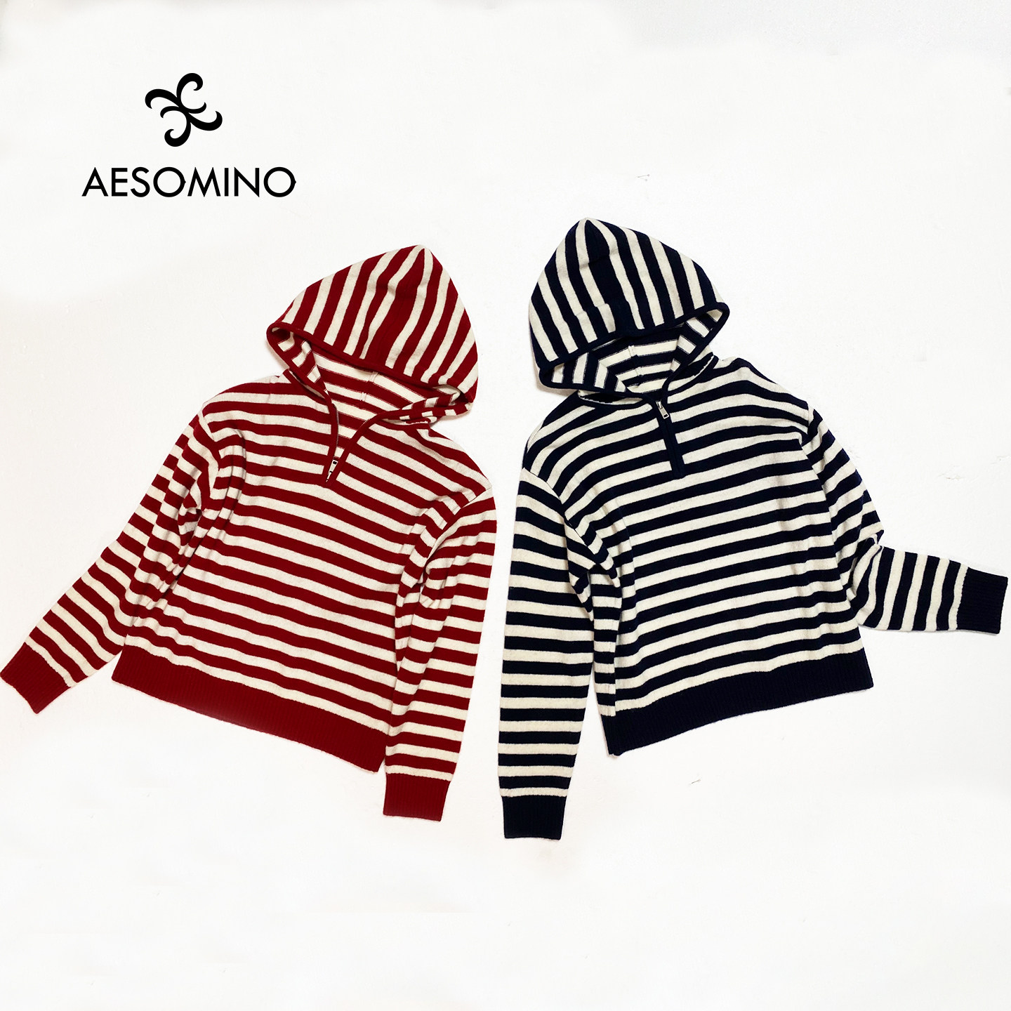 100%绵羊毛复古撞色条纹连帽衫女AUZY半拉链休闲针织毛衣宽松打底