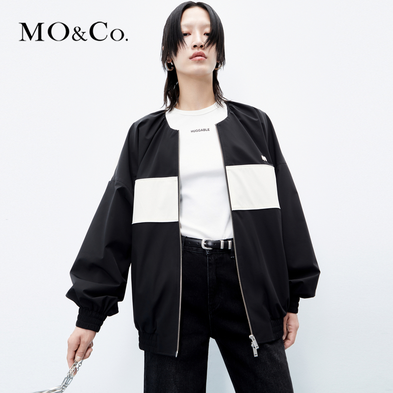 【粉丝专享】MOCO秋字母刺绣黑白拼色圆领夹克外套MBC3JKTT05