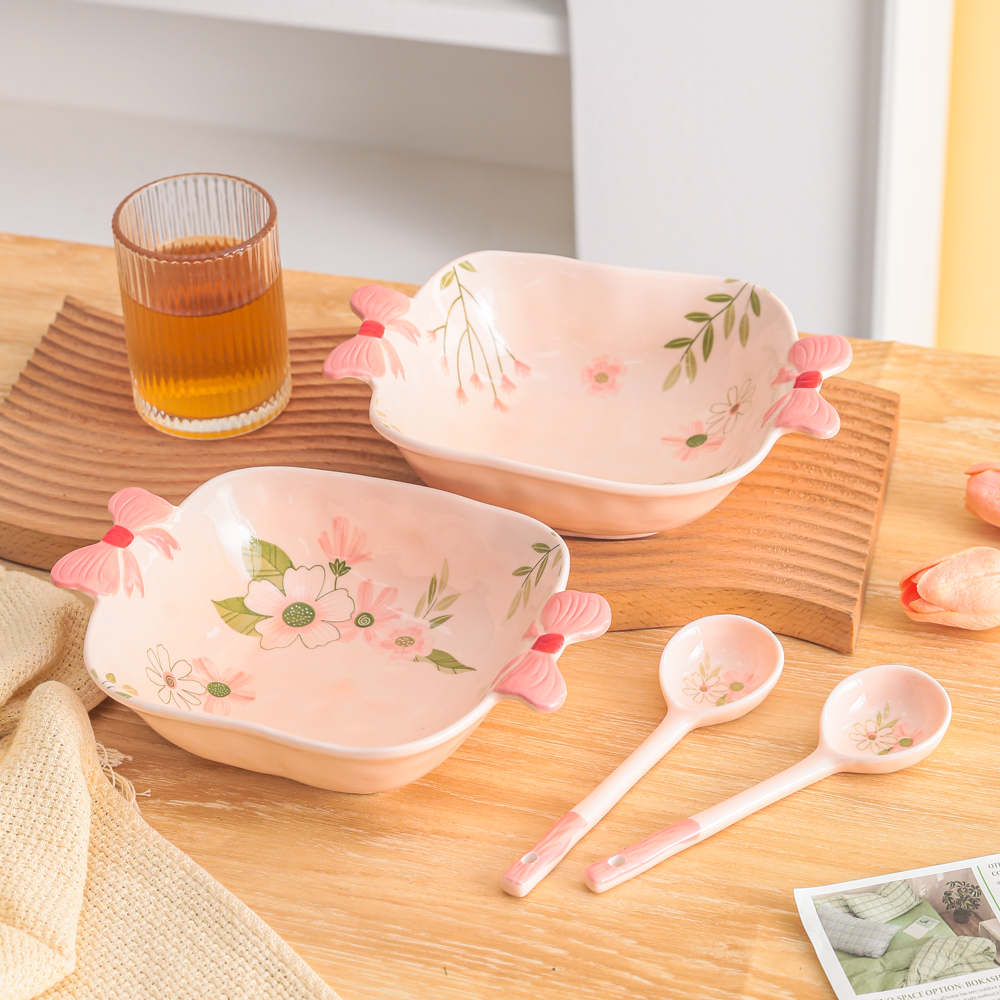 家用陶瓷餐具美二烧釉下彩珊瑚海8.5英寸蝴蝶结双耳四方碗带勺子