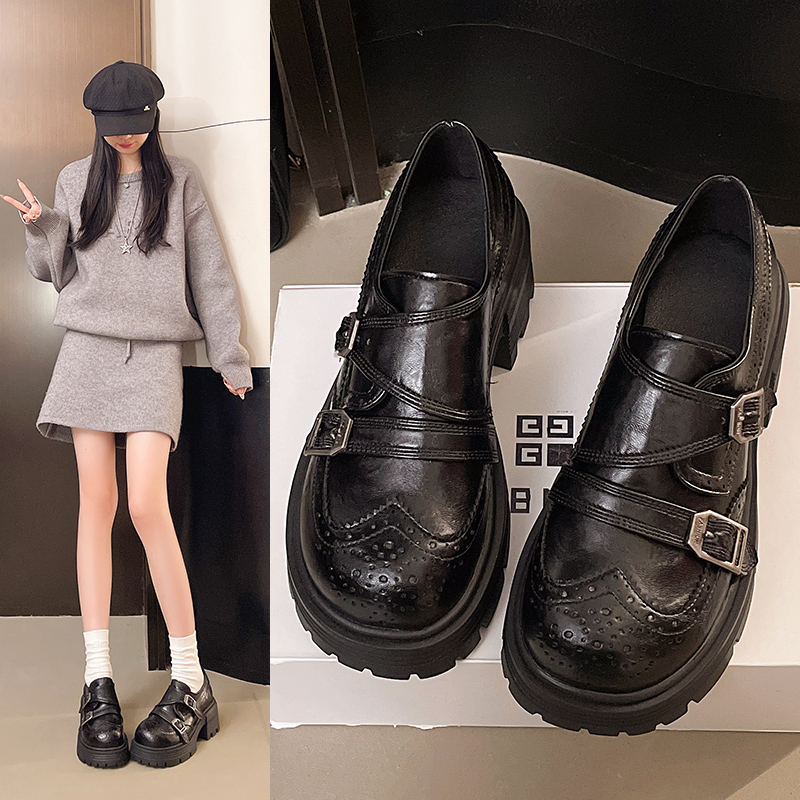 布洛克真皮2025新款春秋季雕花厚底粗跟小皮鞋女英伦风乐福鞋