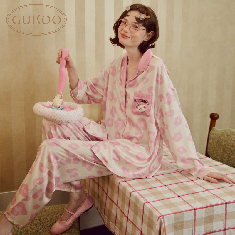Gukoo/果壳春秋长袖家居服套装mikko睡衣薄款甜美舒适豹纹套装
