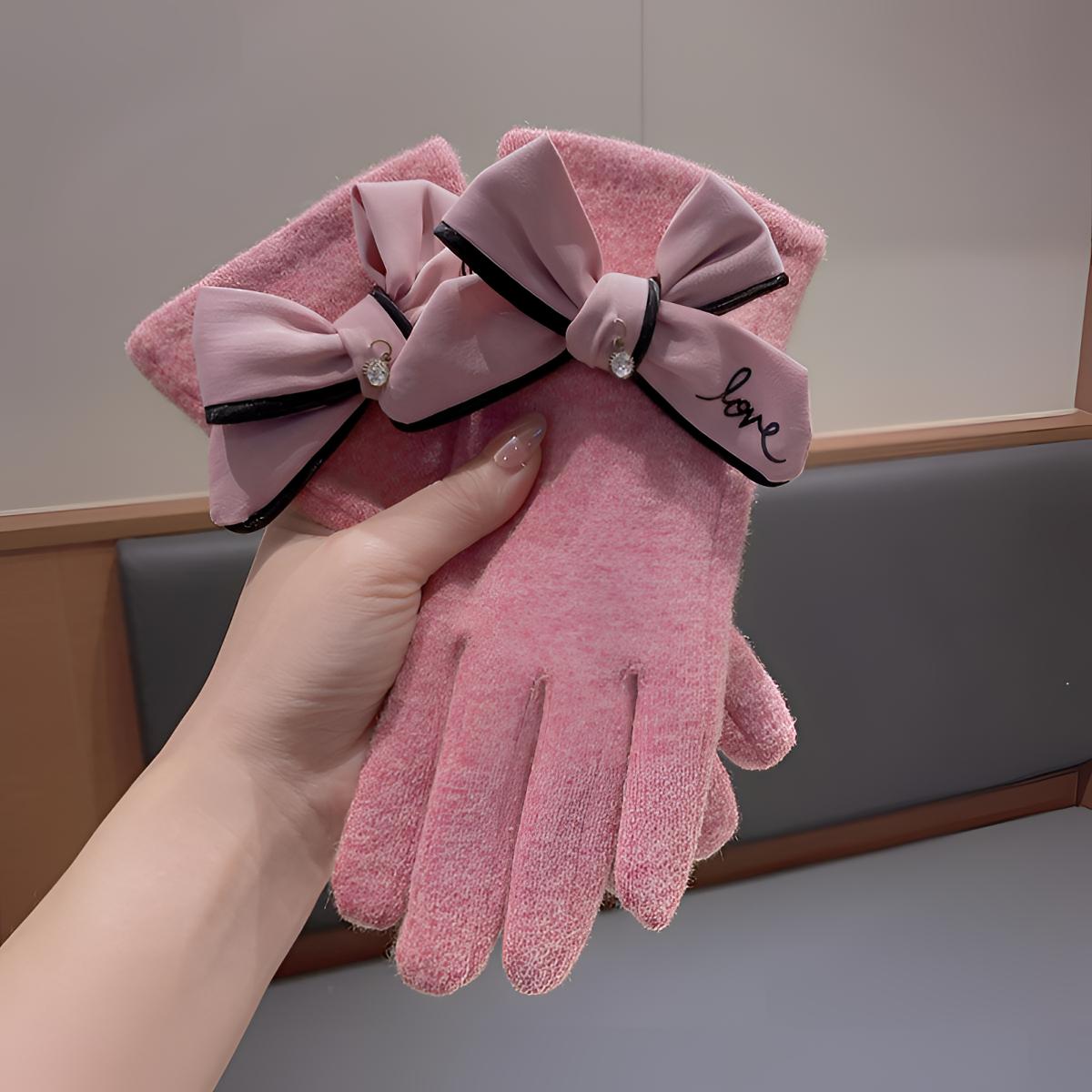 小香风蝴蝶结五指羊绒手套秋冬加厚加绒设计感保暖手套