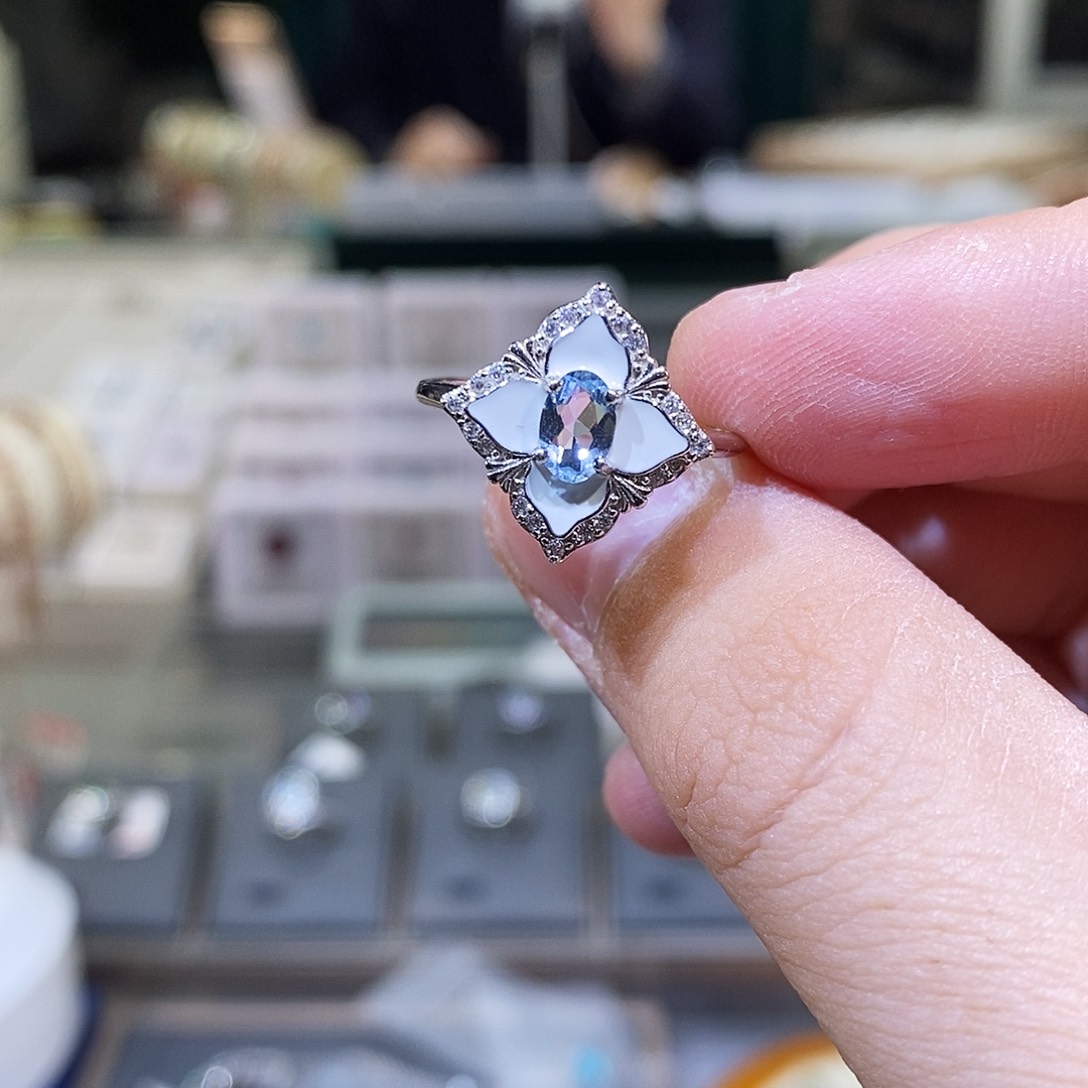 海蓝宝石戒指银S925镶嵌