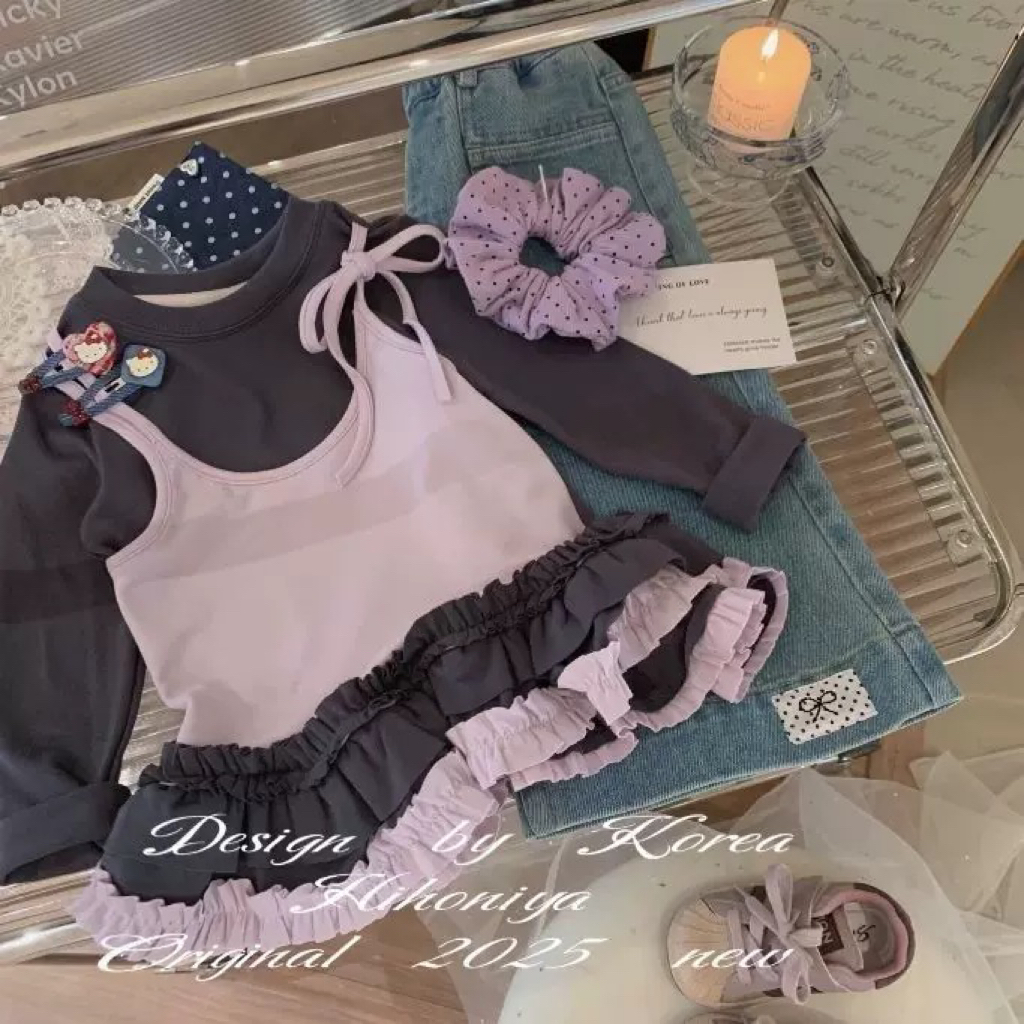 女童韩版森系三季百搭假两件长袖