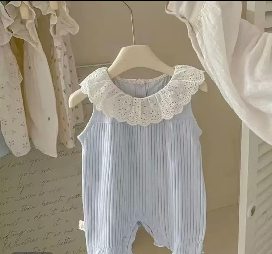 【海盐蓝】女童连体衣2025婴儿春夏洋气公主爬服女宝宝夏季条纹蕾丝