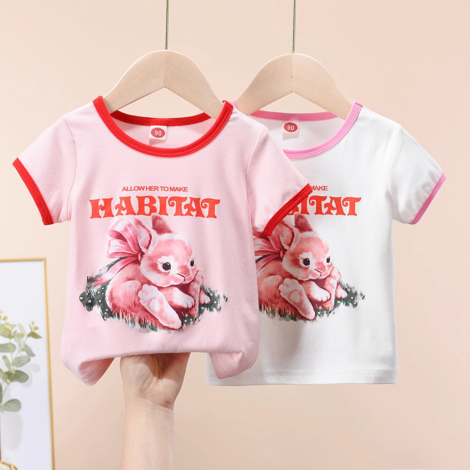 饰品女生夏季新款T恤童装儿童兔子印花拼色圆领休闲上衣女童外穿