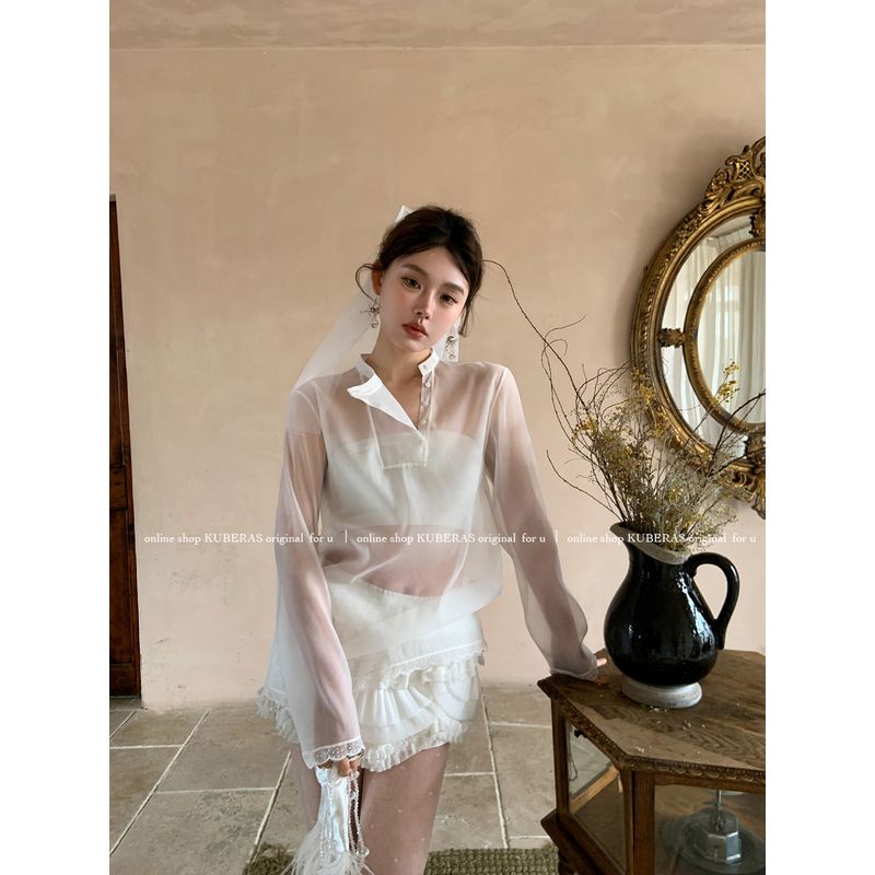 KUBERAS 烟色朦胧 小众新中式透视衬衫开衫+立领蕾丝边套头上衣